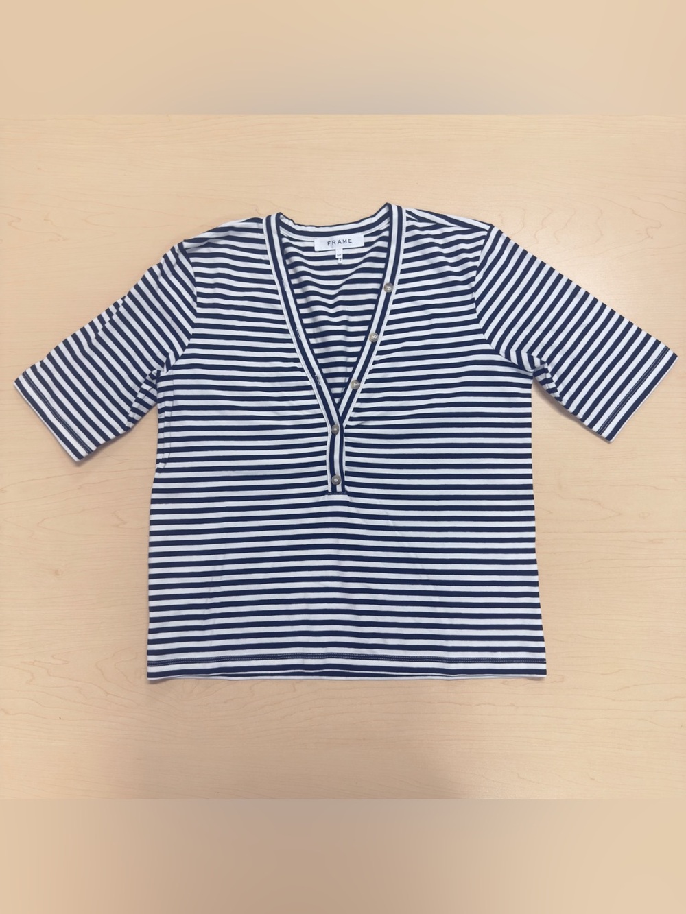 FRAME Striped V-Neck Button Henley Knit Top Size SP